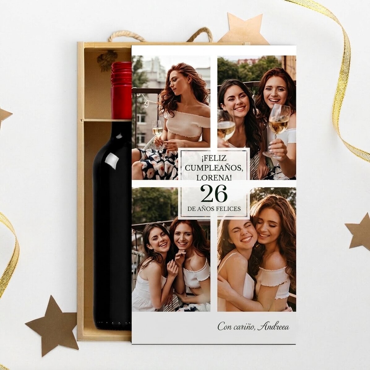 Caja de vino para 2 botellas personalizada con 4 fotos y un texto: «Feliz cumpleaños»