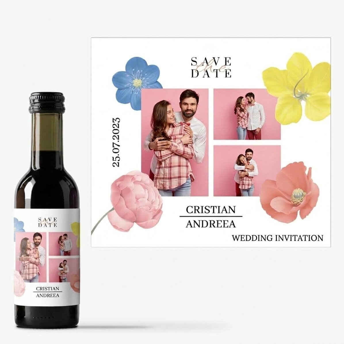 Mini botella de vino personalizada con 3 fotos y texto - «Save the date»