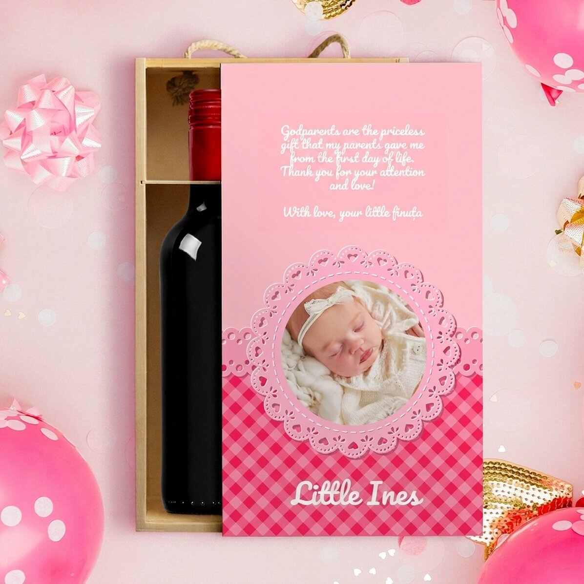 Caja de vino para 2 botellas personalizada con un mensaje para los padrinos - Niña