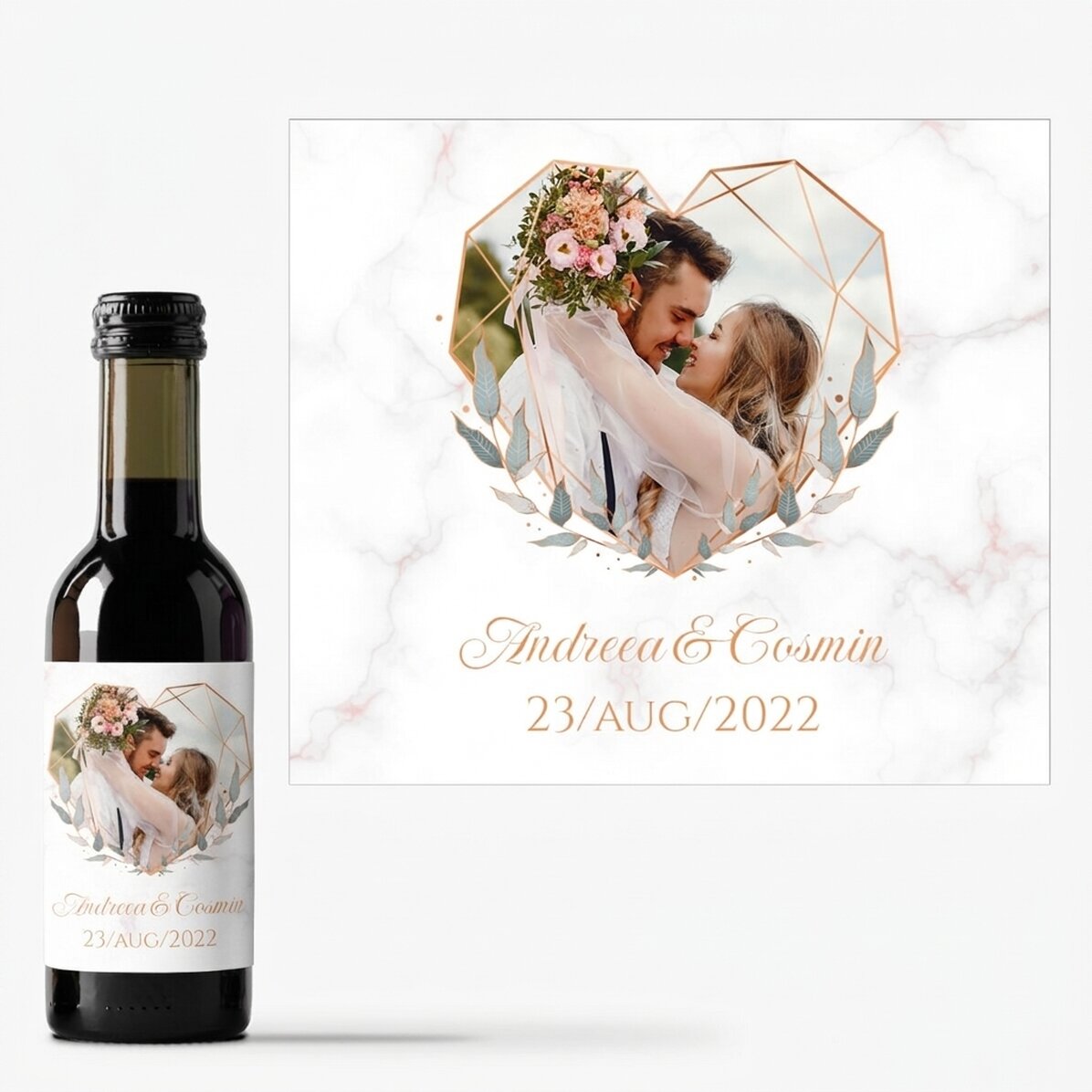 Mini botella de vino de recuerdo personalizada con una foto y un texto - Corazón