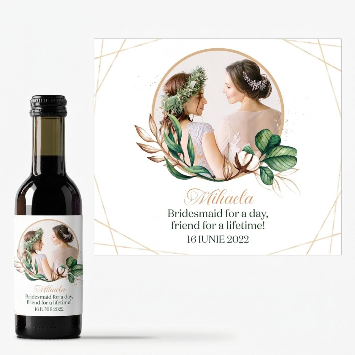 Mini botella de vino personalizada con una foto y un texto para la dama de honor