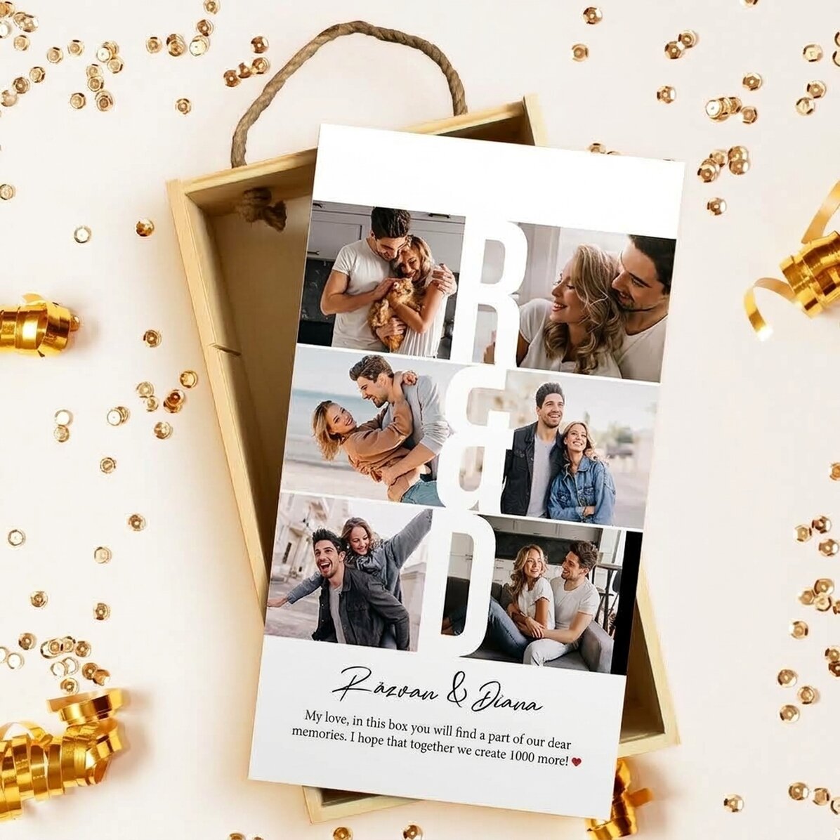 Caja de regalo de madera personalizada con 6 fotos y un mensaje - Recuerdos entrañables