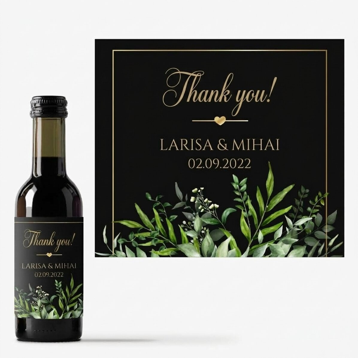 Mini botella de vino de recuerdo personalizada con texto: «Gracias»
