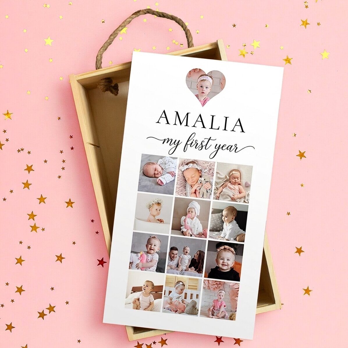 Caja de regalo de madera personalizada con 13 fotos y texto: «Mi primer año»