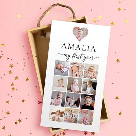 Personalised wooden gift box with 13 photos and text - My first year