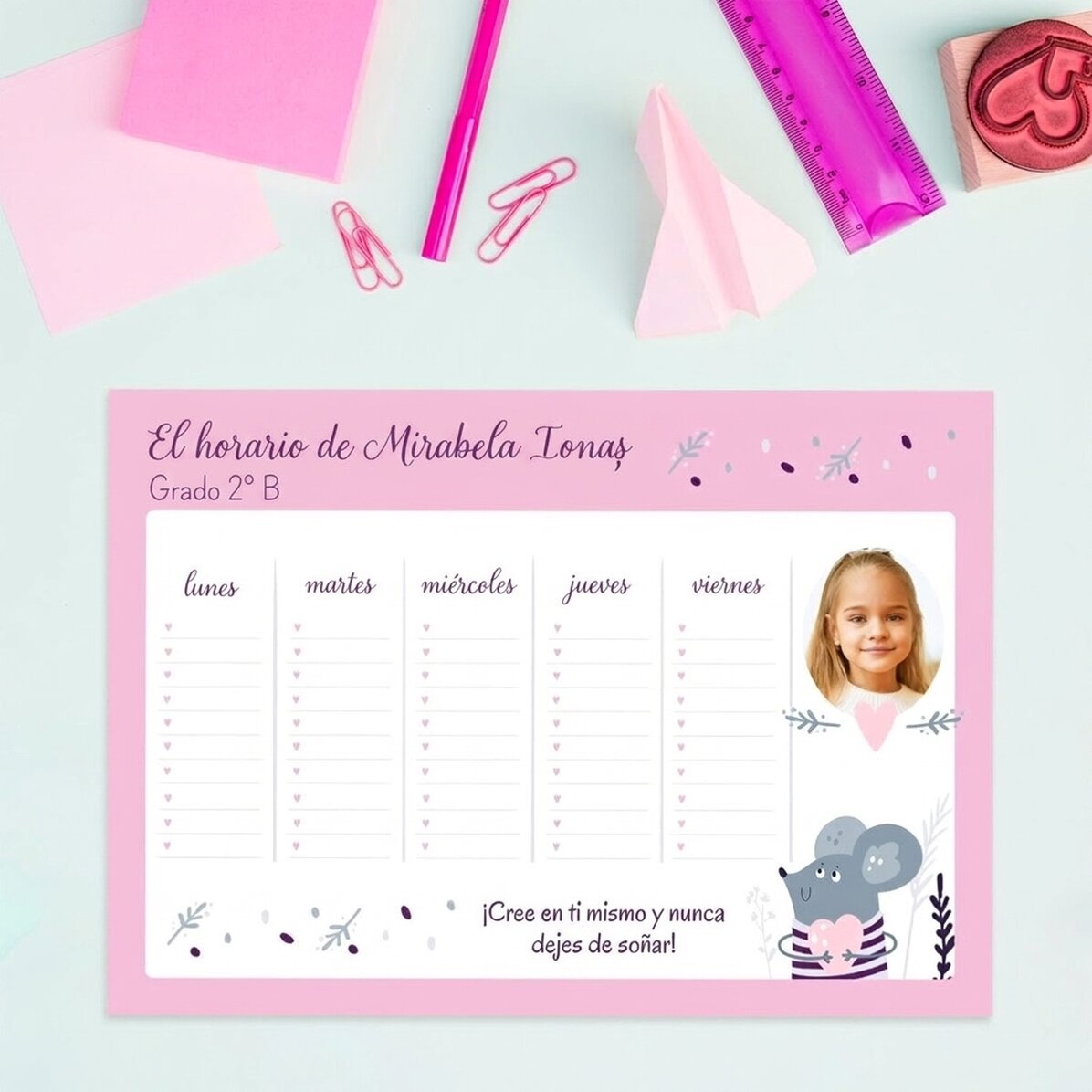 Horario personalizado con una foto y un texto - Corazoncitos