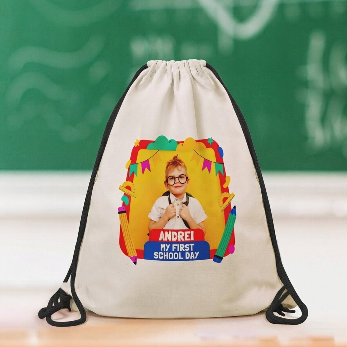 Mochila personalizada con una foto y un nombre - Mi primer día de colegio