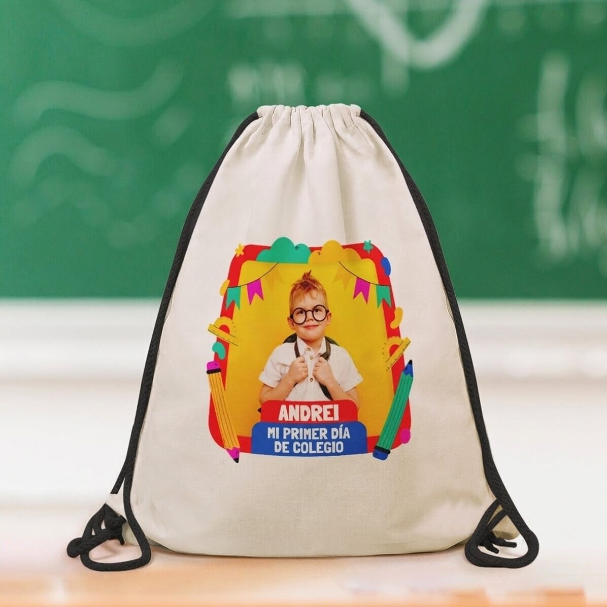 Mochila personalizada con una foto y un nombre - Mi primer día de colegio