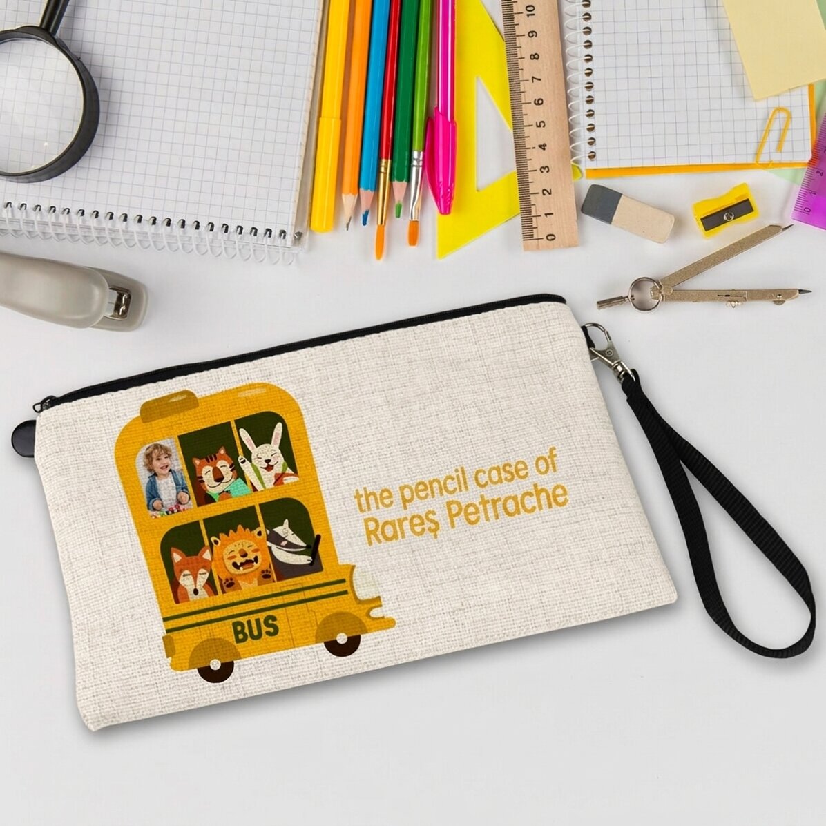 Estuche escolar personalizado con foto y texto - Autobús