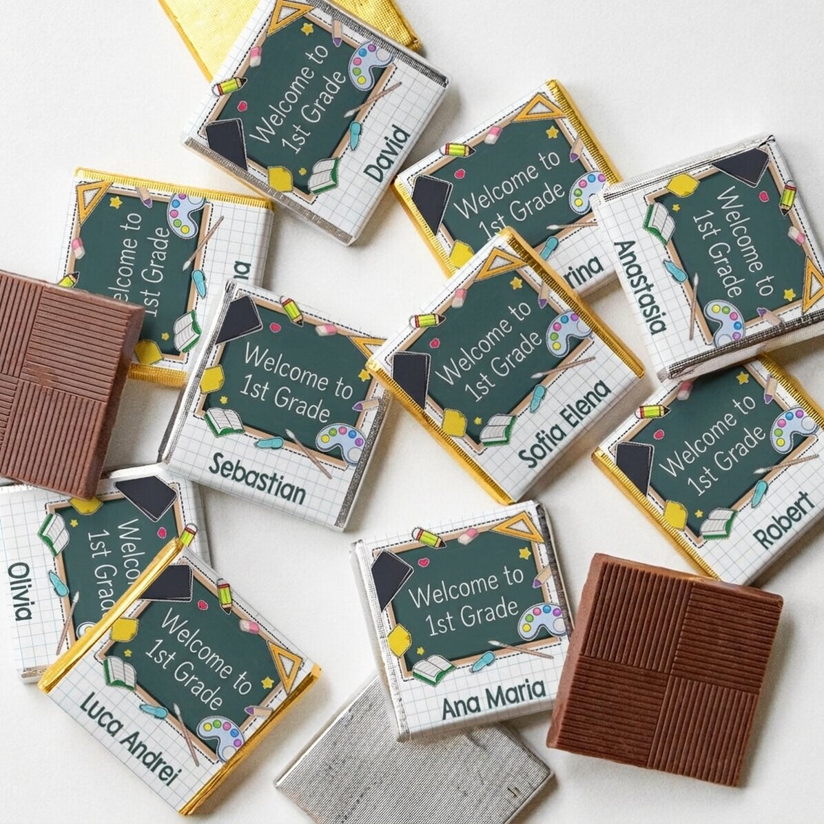 Lote de 10 minichocolates personalizados con un mensaje para el inicio del curso escolar