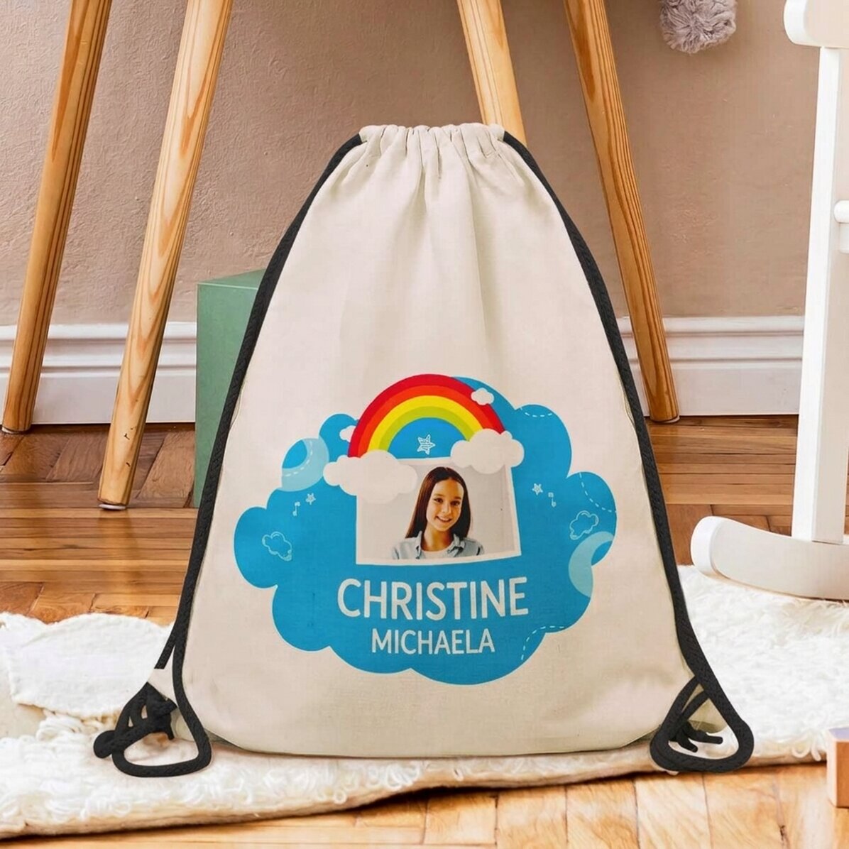 Mochila personalizada con nombre y foto - Modelo arcoíris