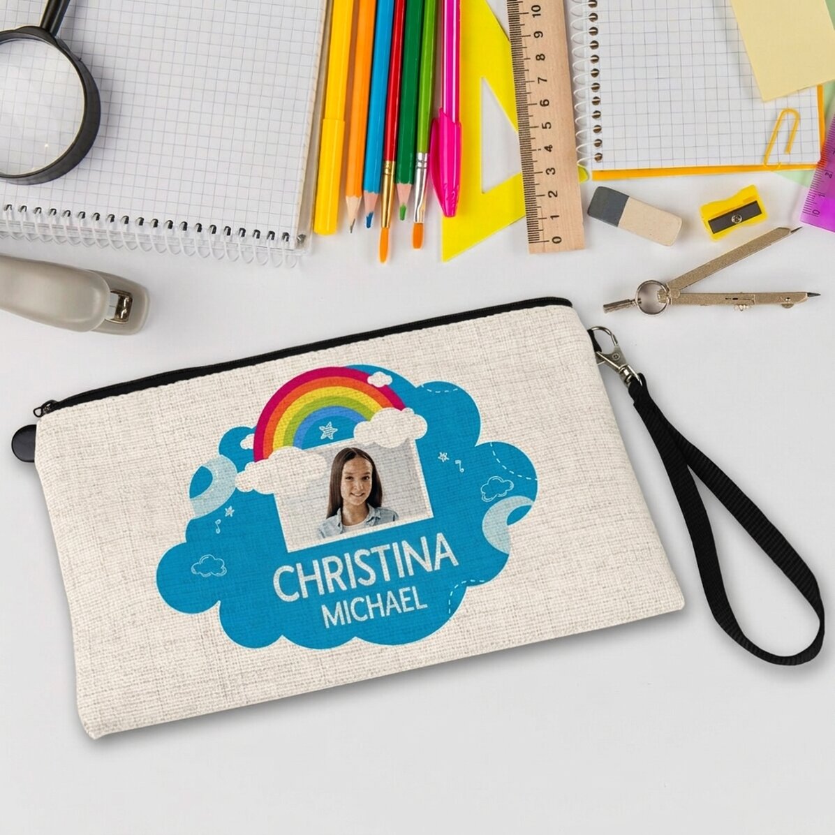 Estuche escolar personalizado con foto y texto - Modelo arcoíris