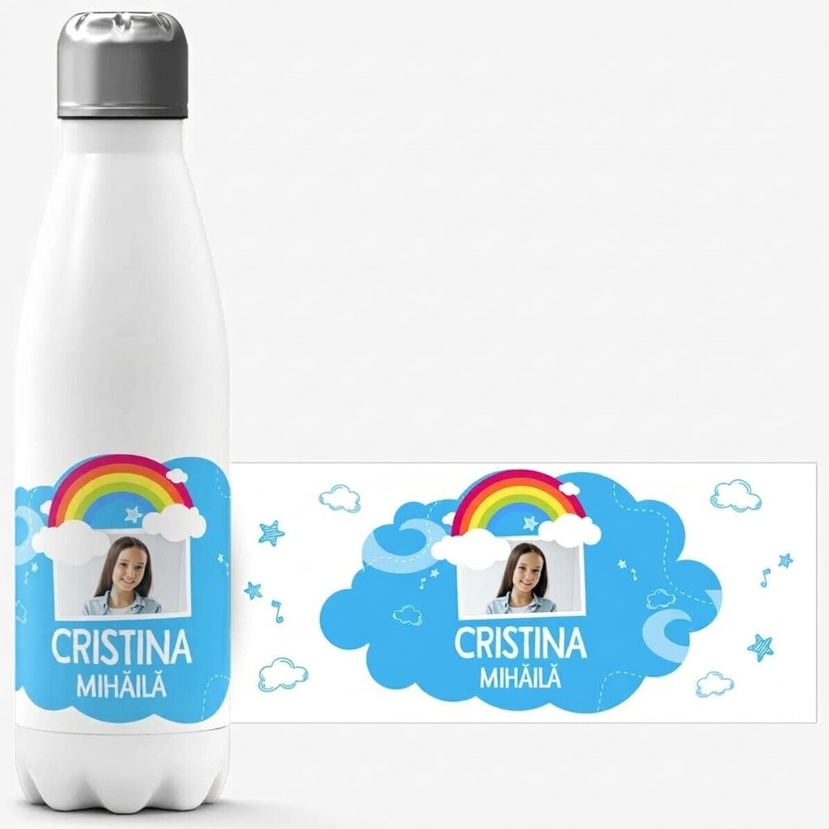 Termo con base blanca personalizado con una foto y un nombre - Modelo arcoíris