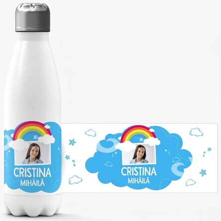 Termo con base blanca personalizado con una foto y un nombre - Modelo arcoíris