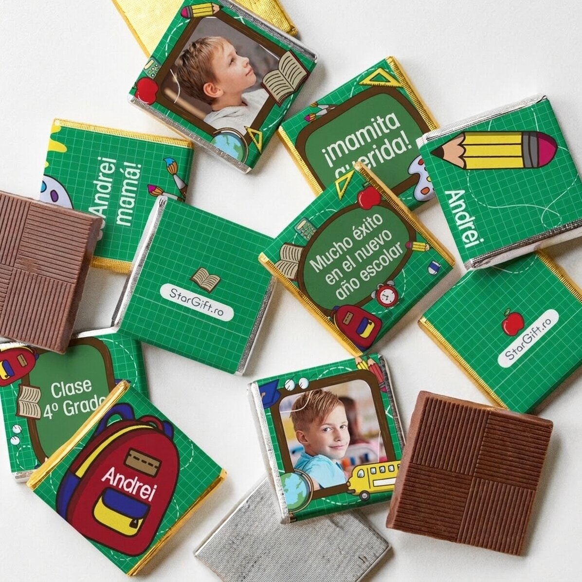 Lote de 10 minichocolates personalizados con fotos y texto para el inicio del curso escolar