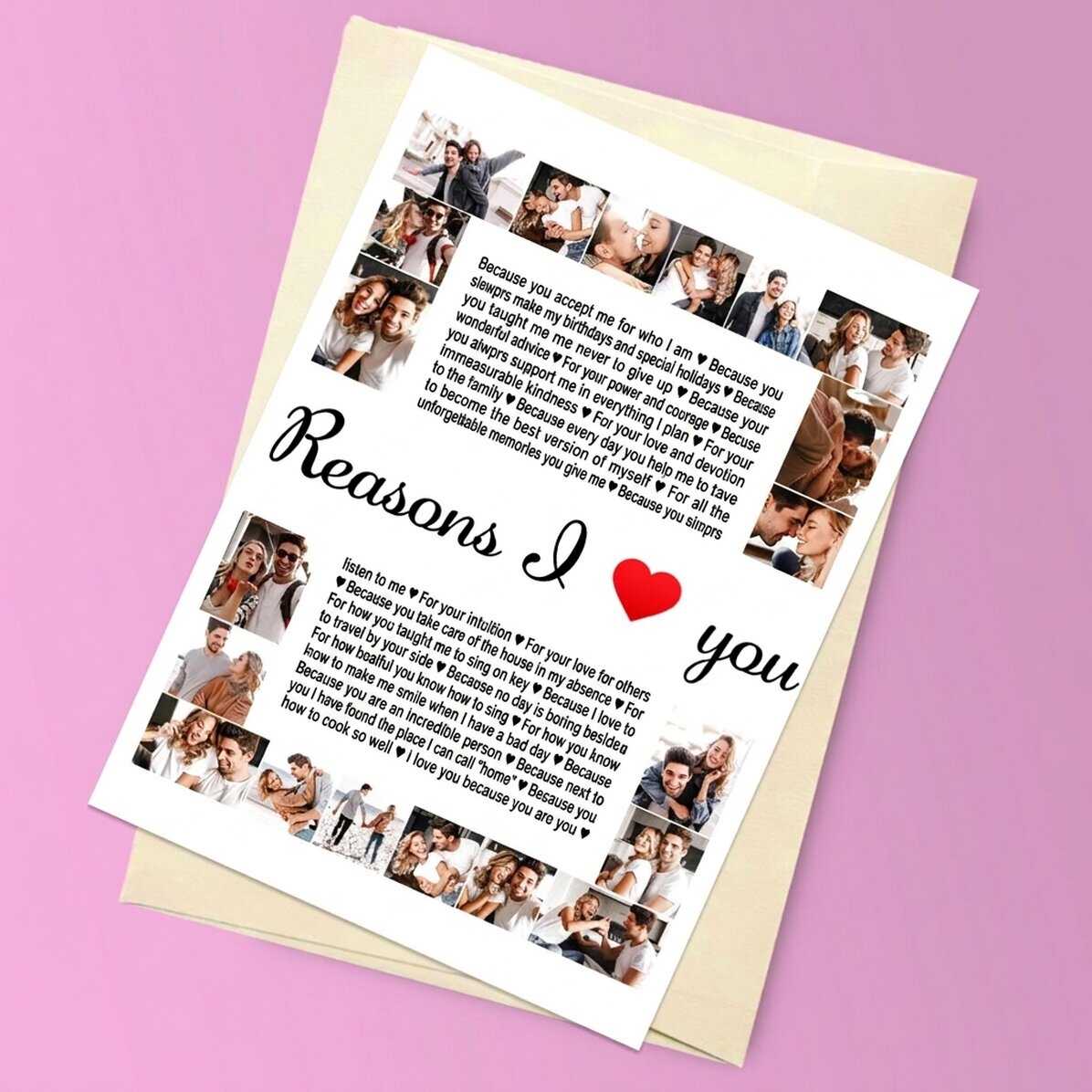 Tarjeta magnética personalizada con 20 fotos y texto - Razones por las que te quiero