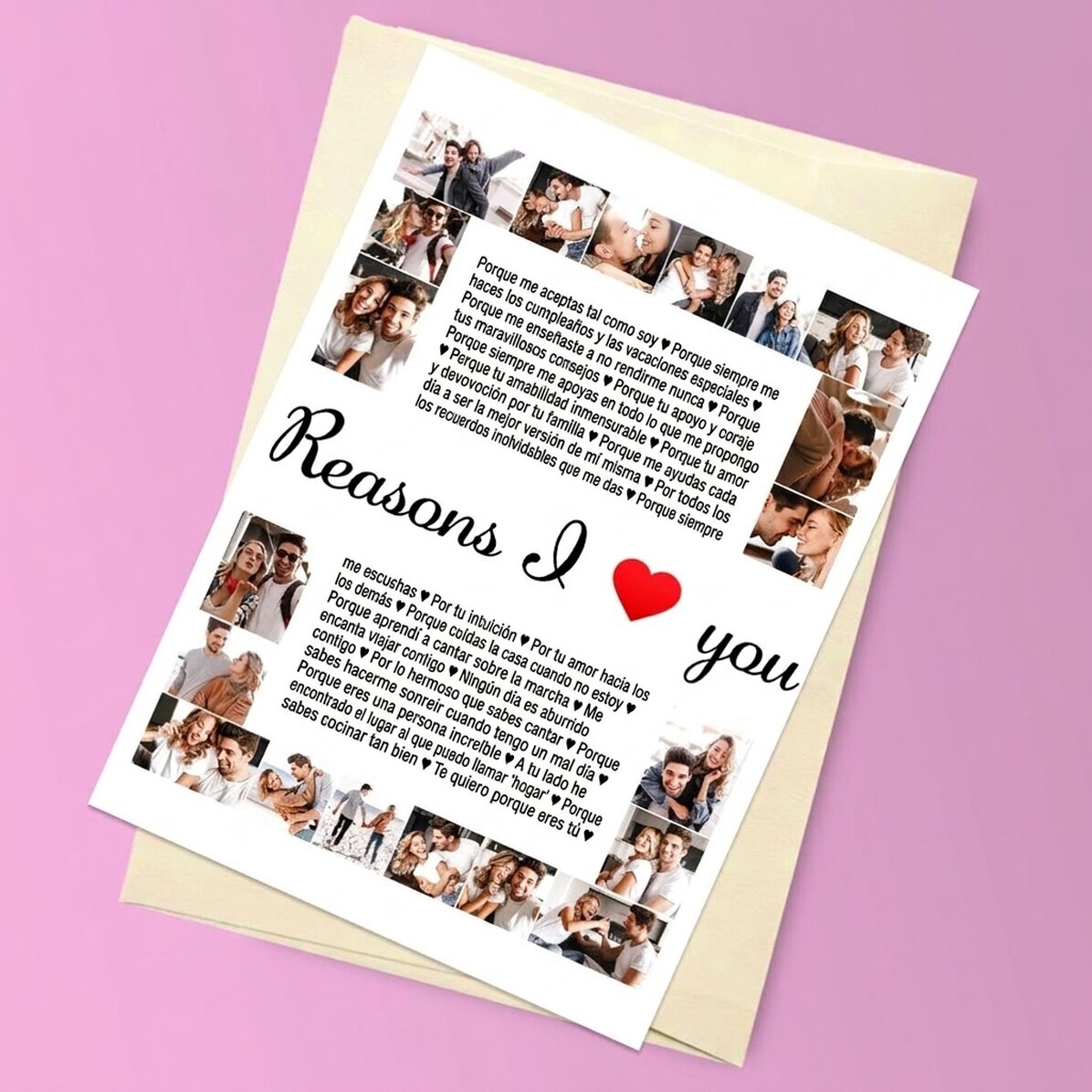 Tarjeta magnética personalizada con 20 fotos y texto - Razones por las que te quiero