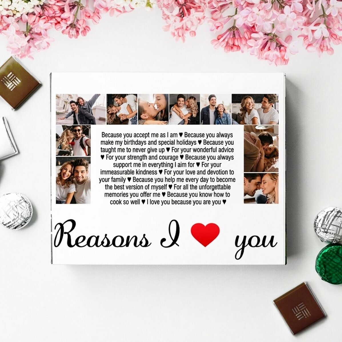 Caja de bombones personalizada con 20 fotos y texto: «Razones por las que te quiero»