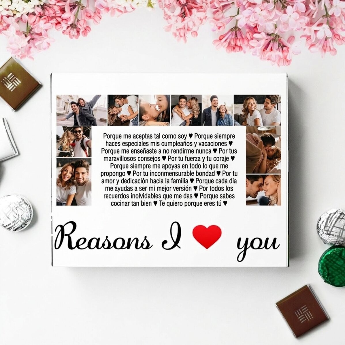 Caja de bombones personalizada con 20 fotos y texto: «Razones por las que te quiero»