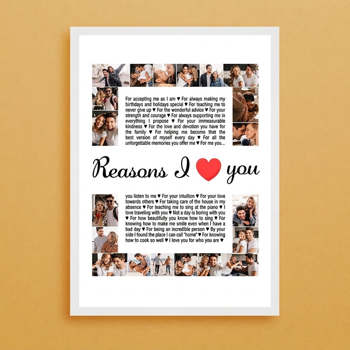Cuadro personalizado con 20 fotos y texto: «Razones por las que te quiero»