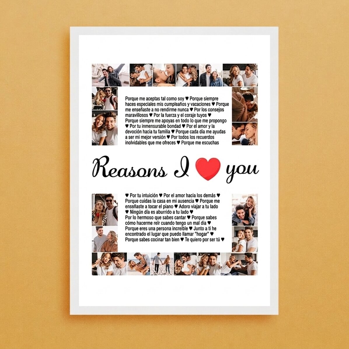 Cuadro personalizado con 20 fotos y texto: «Razones por las que te quiero»