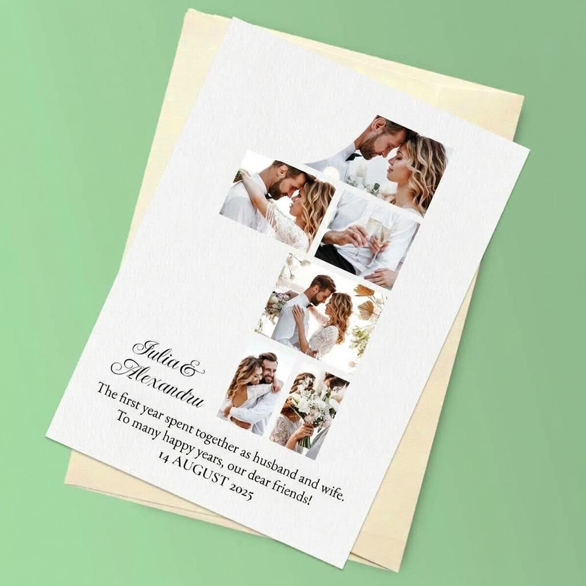 Tarjeta magnética personalizada con 6 fotos y texto para celebrar el primer aniversario