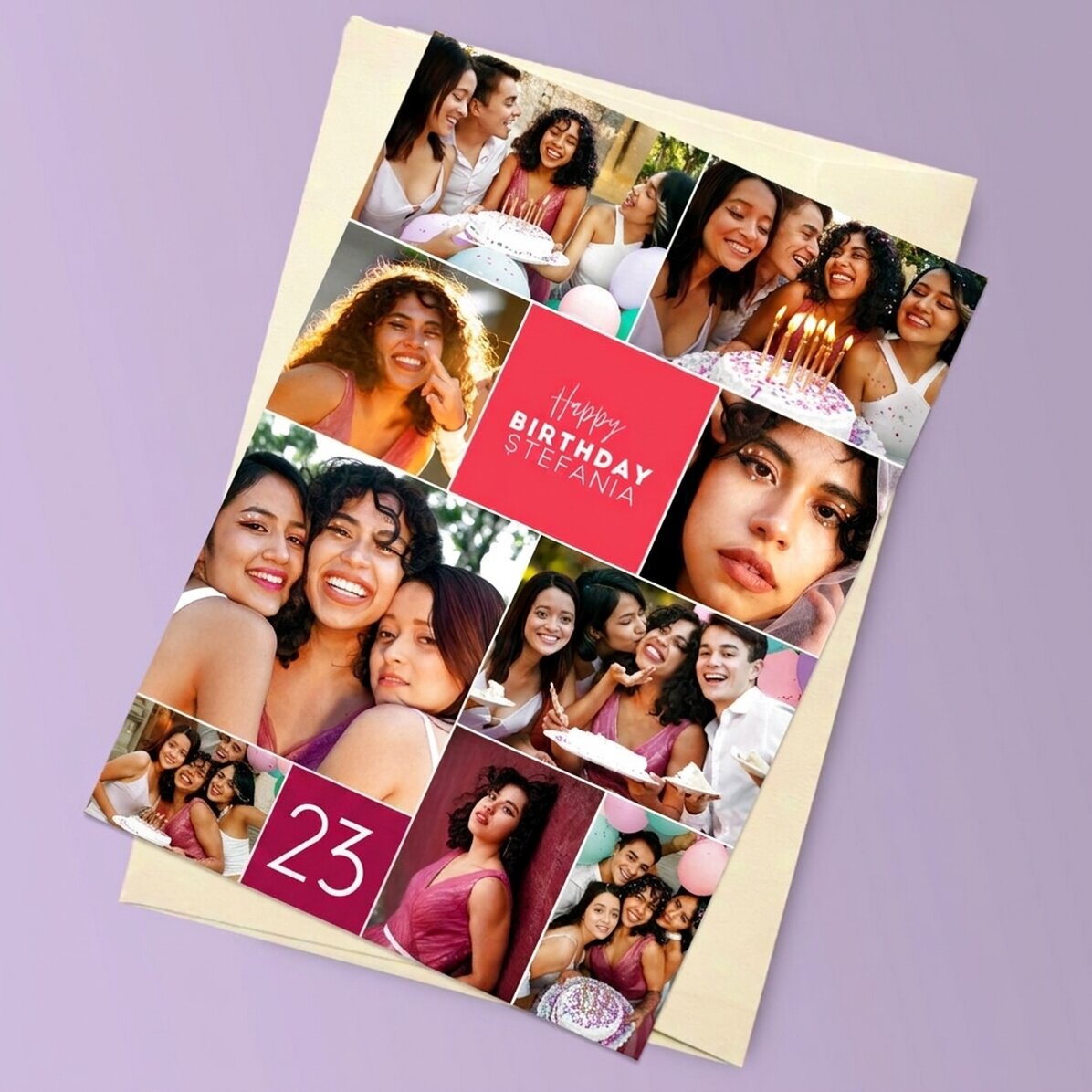 Tarjeta de felicitación magnética personalizada con 9 fotos y texto para un cumpleaños