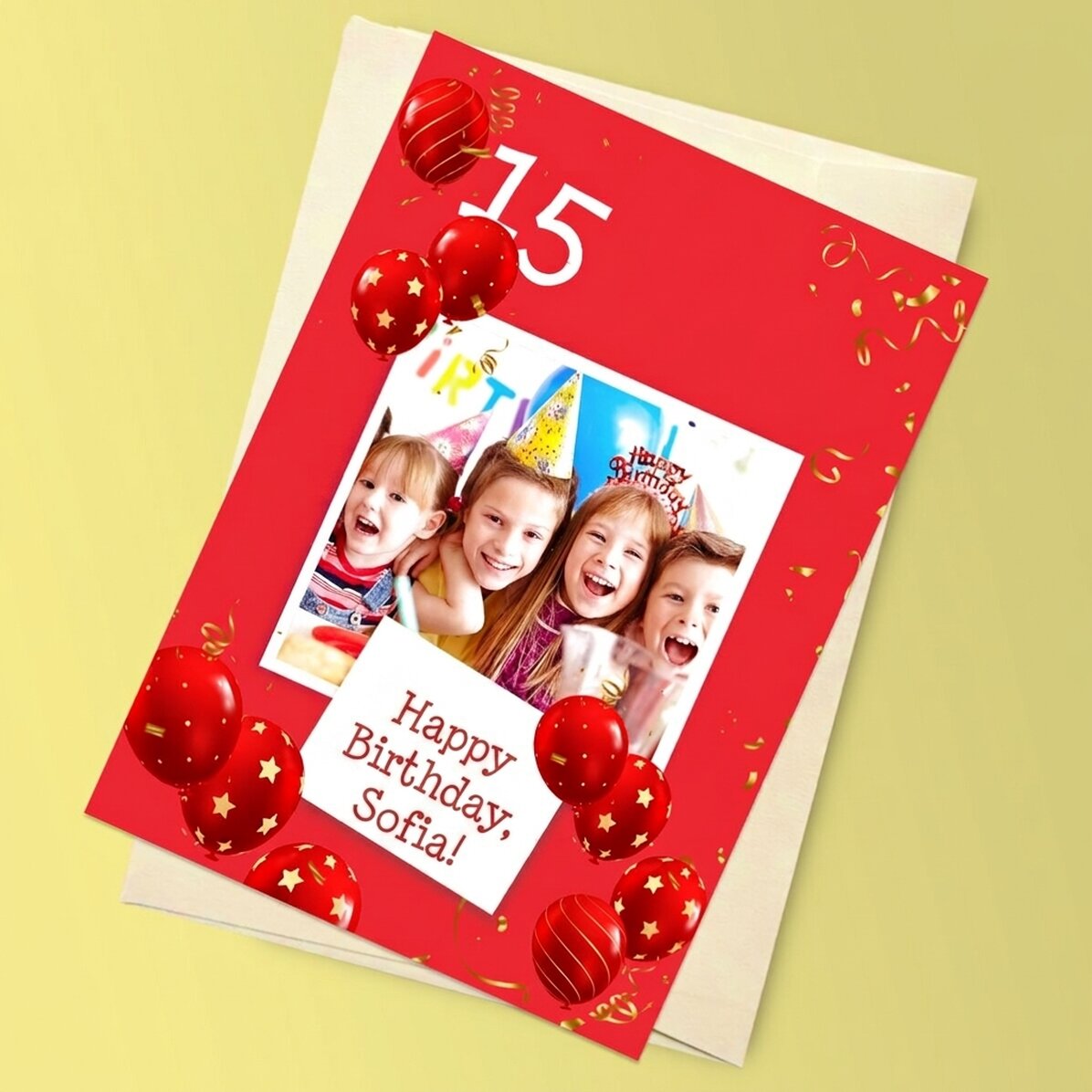 Tarjeta de felicitación magnética personalizada con una foto y un texto para un cumpleaños