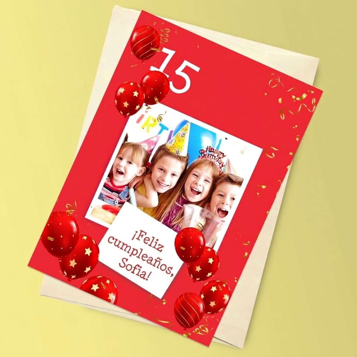Tarjeta de felicitación magnética personalizada con una foto y un texto para un cumpleaños