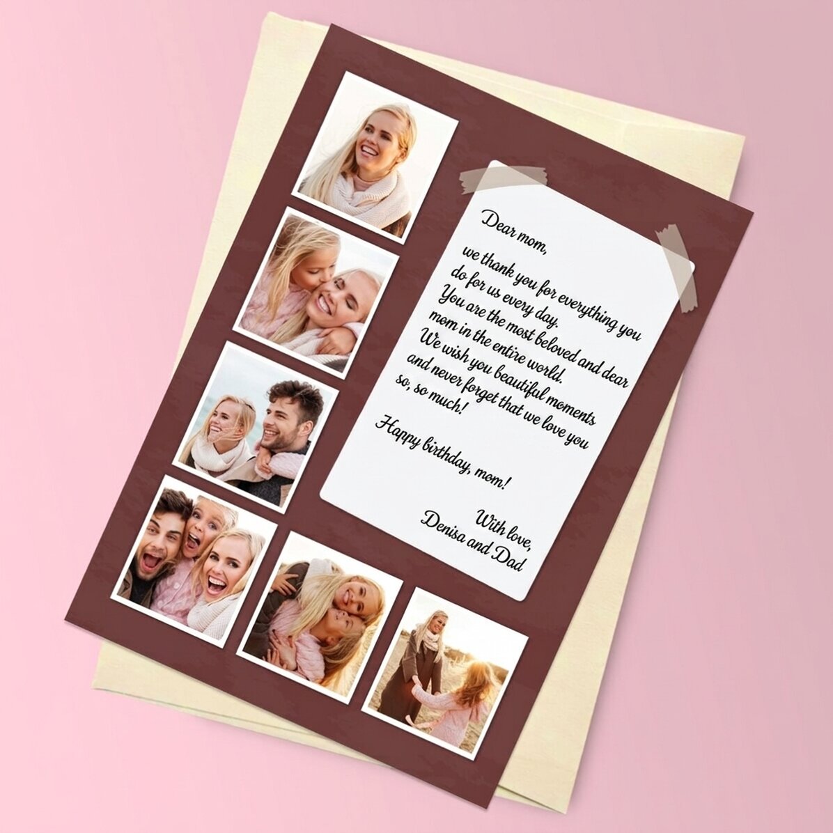 Tarjeta magnética personalizada con 6 fotos y un mensaje largo