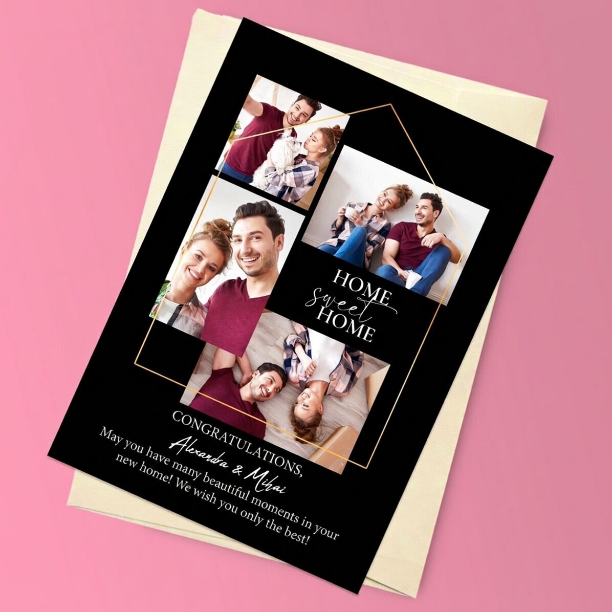 Tarjeta magnética personalizada con 4 fotos y texto para la nueva casa