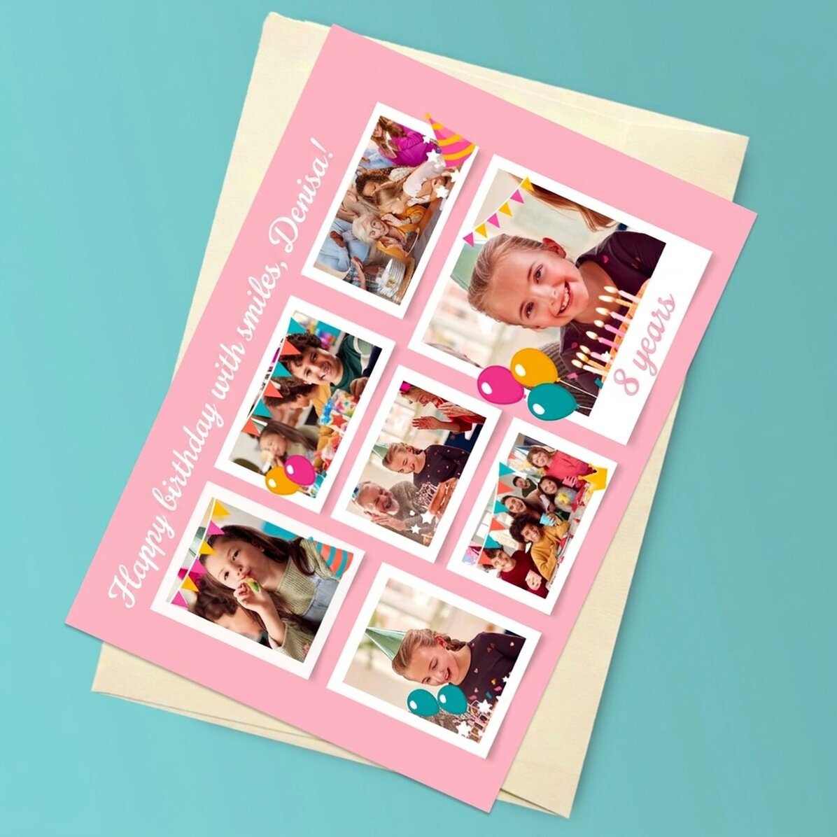 Tarjeta magnética personalizada con 7 fotos y un mensaje para niños