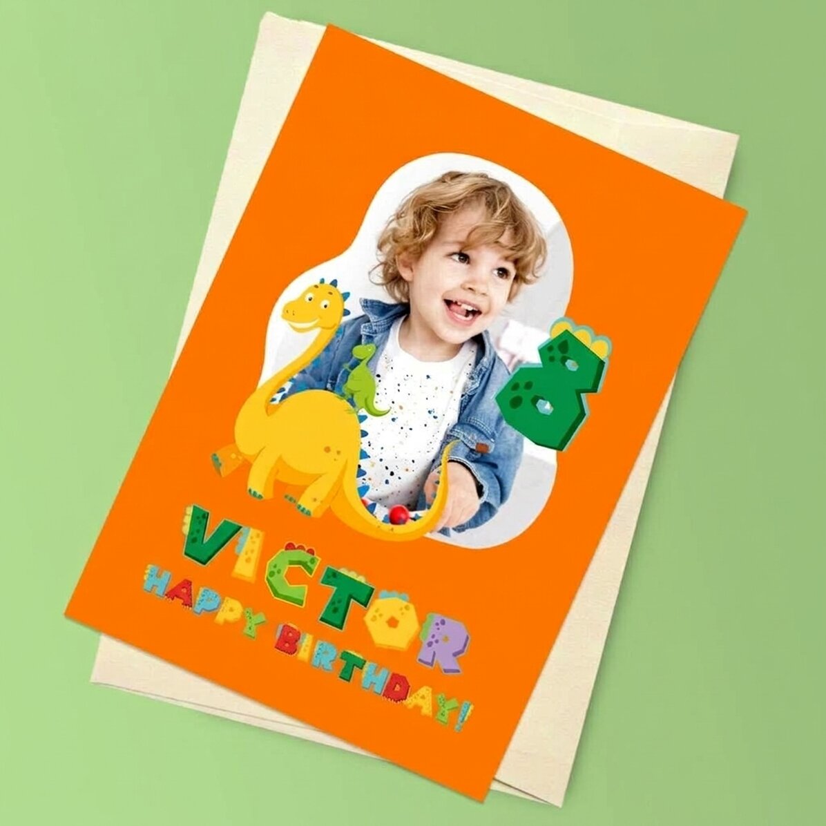 Tarjeta magnética personalizada con una foto, un número y un texto - Dinosaurio