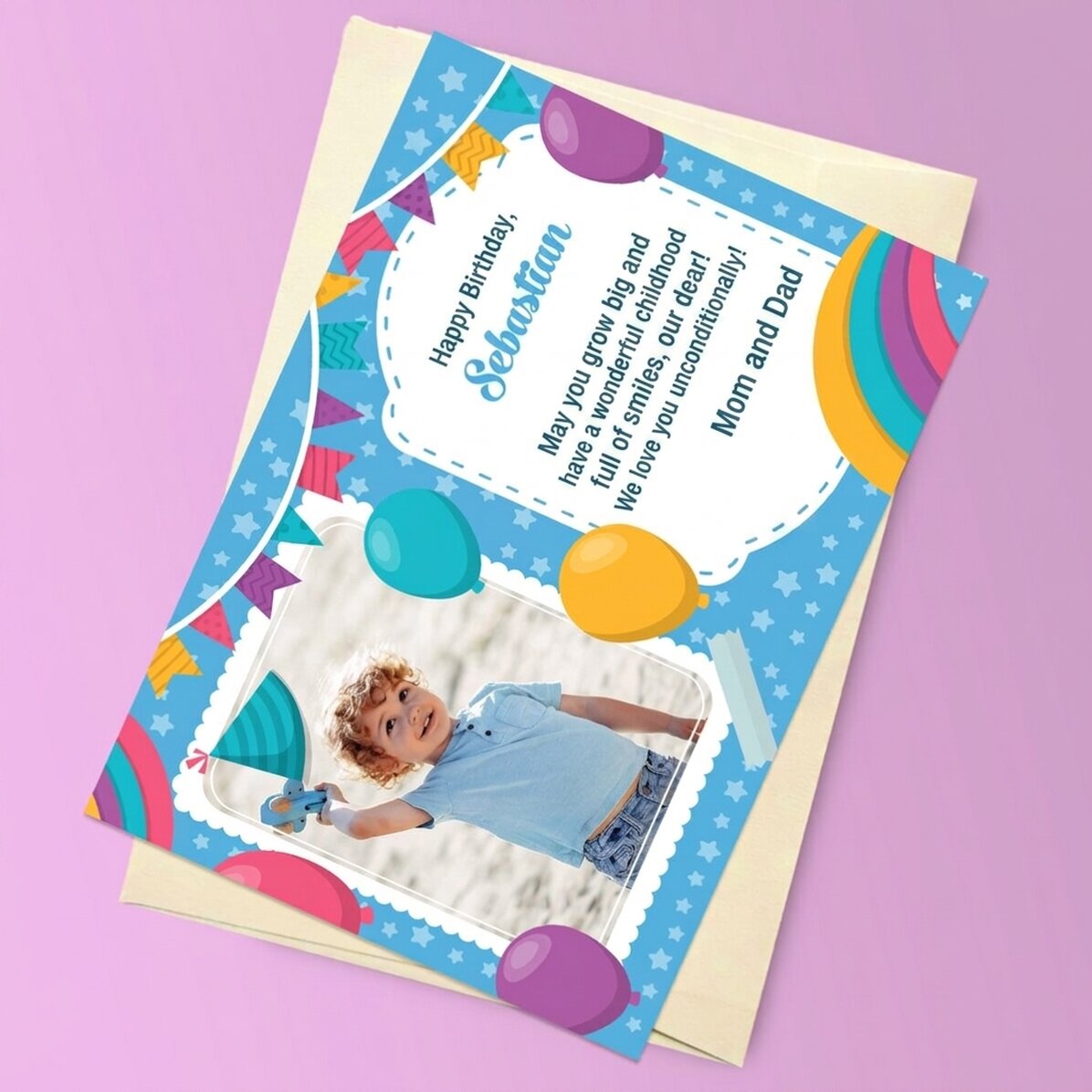 Tarjeta magnética personalizada con una foto y un mensaje para niños