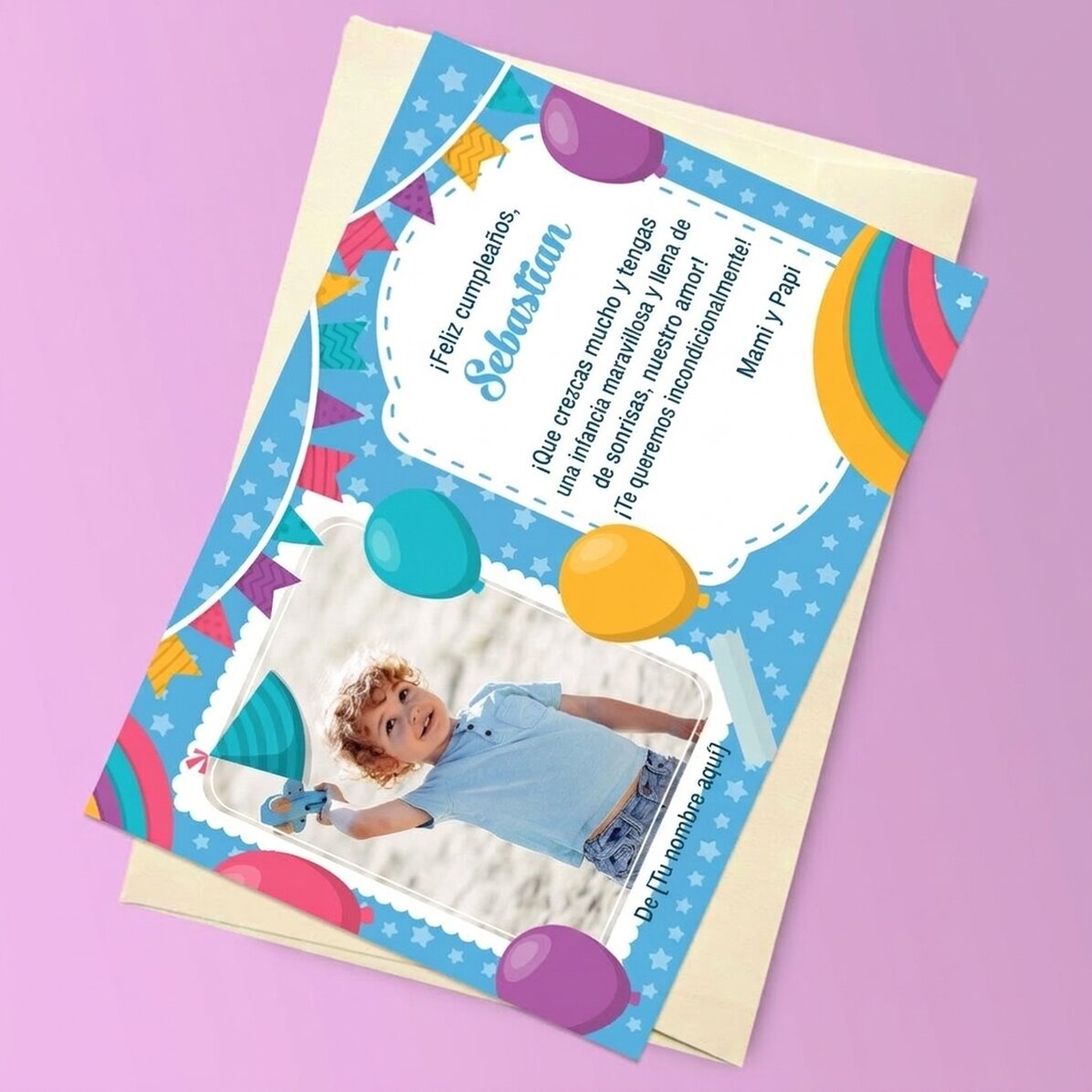 Tarjeta magnética personalizada con una foto y un mensaje para niños