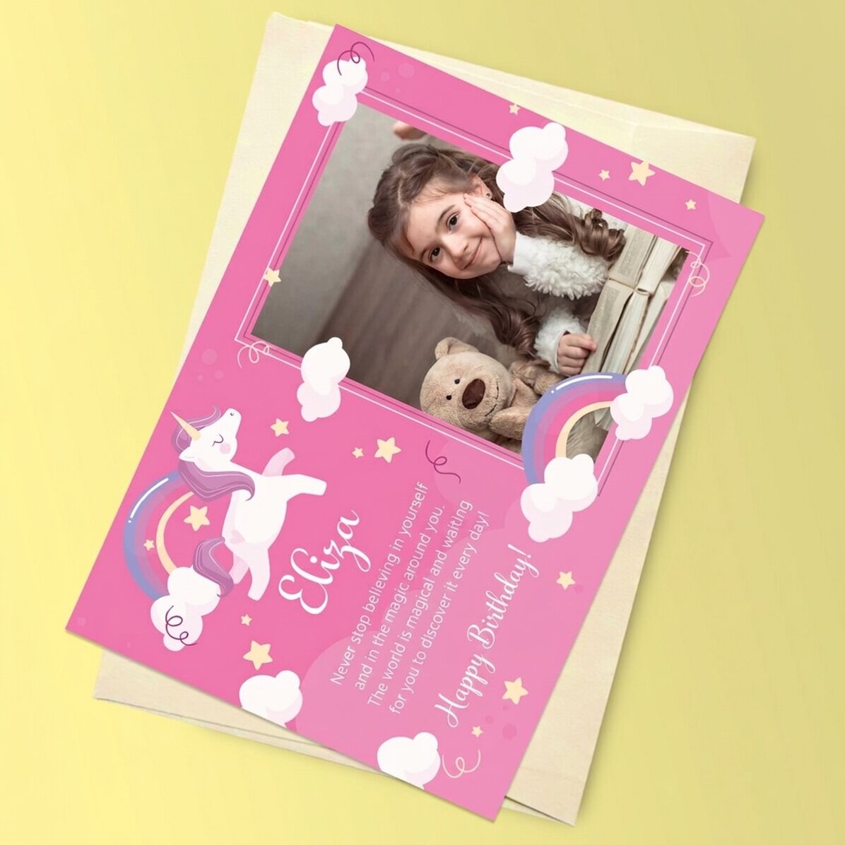 Tarjeta magnética personalizada con una foto y un mensaje para niños - Unicornio
