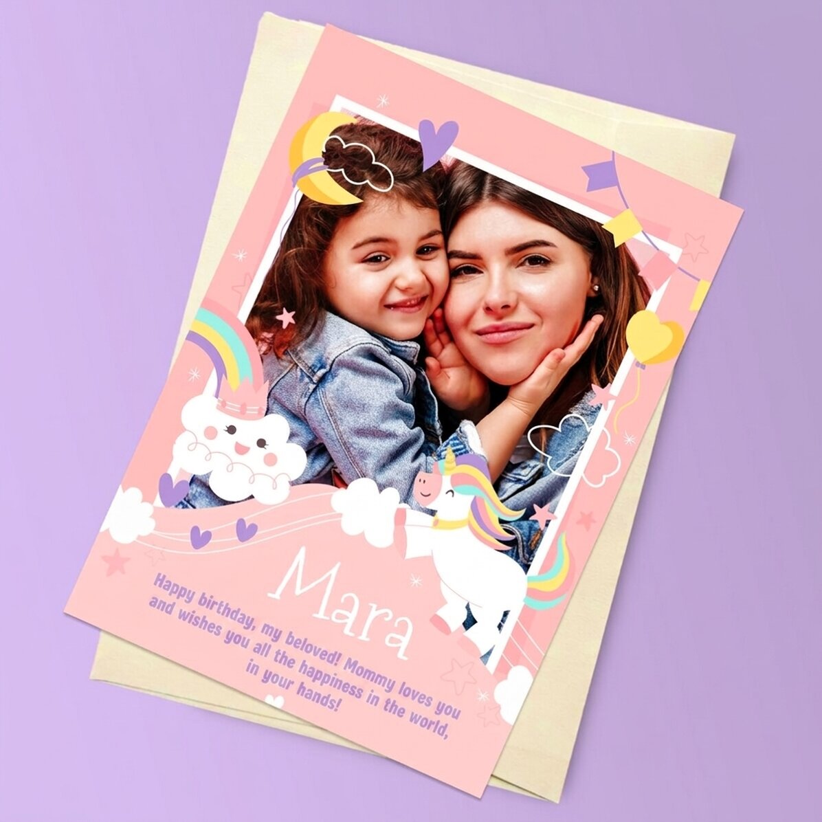 Tarjeta magnética personalizada con una foto y un texto - Arcoíris y unicornios
