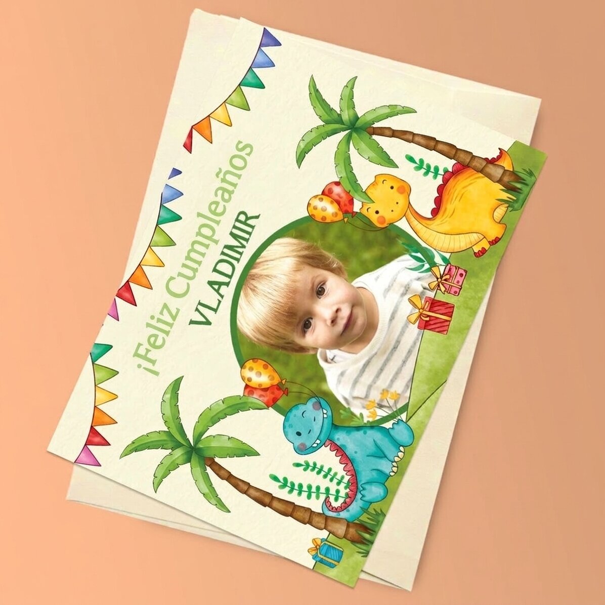 Tarjeta magnética personalizada con una foto y un mensaje para niños - Dinosaurios