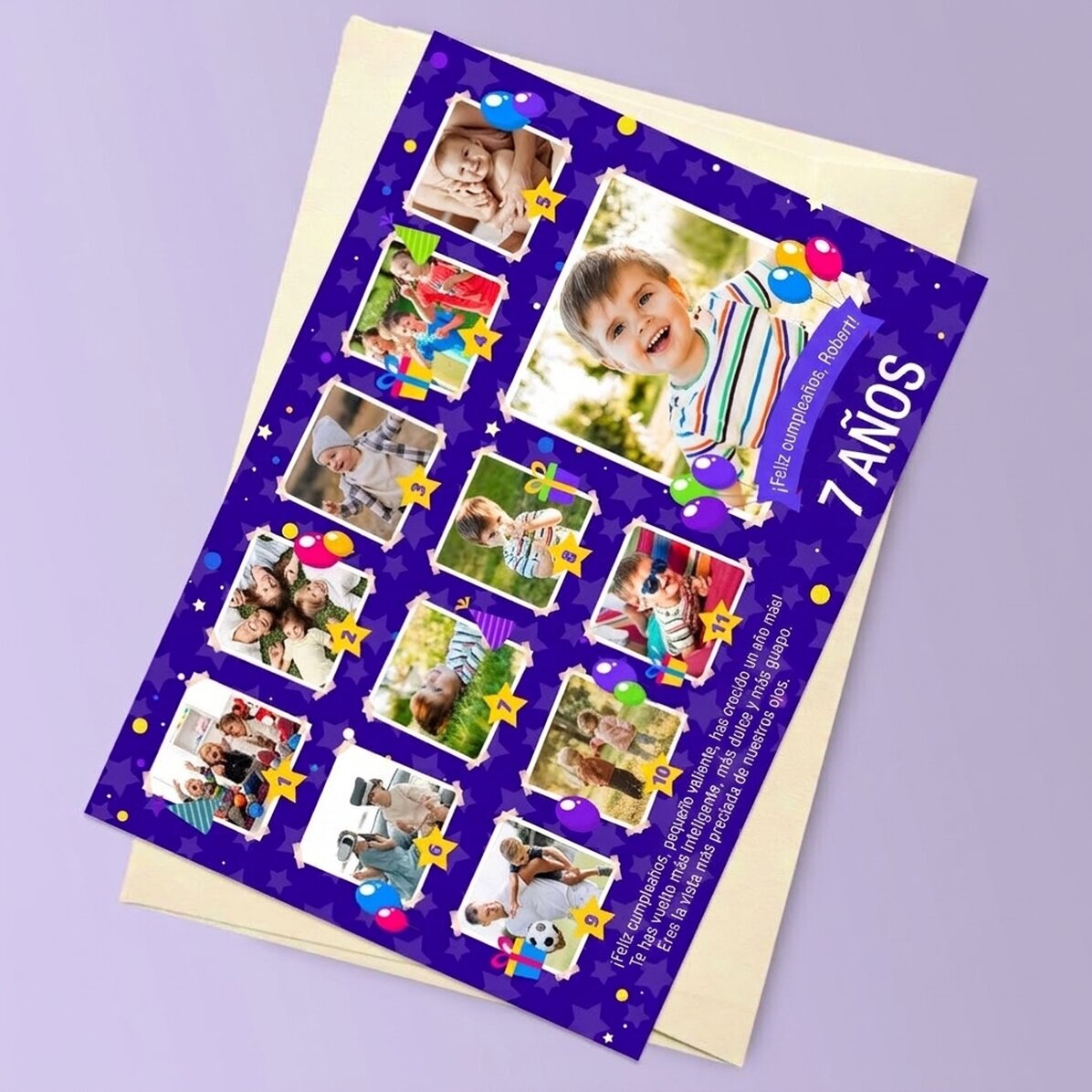 Tarjeta magnética personalizada con 12 fotos y un mensaje para niños - Cumpleaños