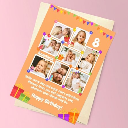 Personalised magnetic greeting card with 8 photos and message for children - Birthday