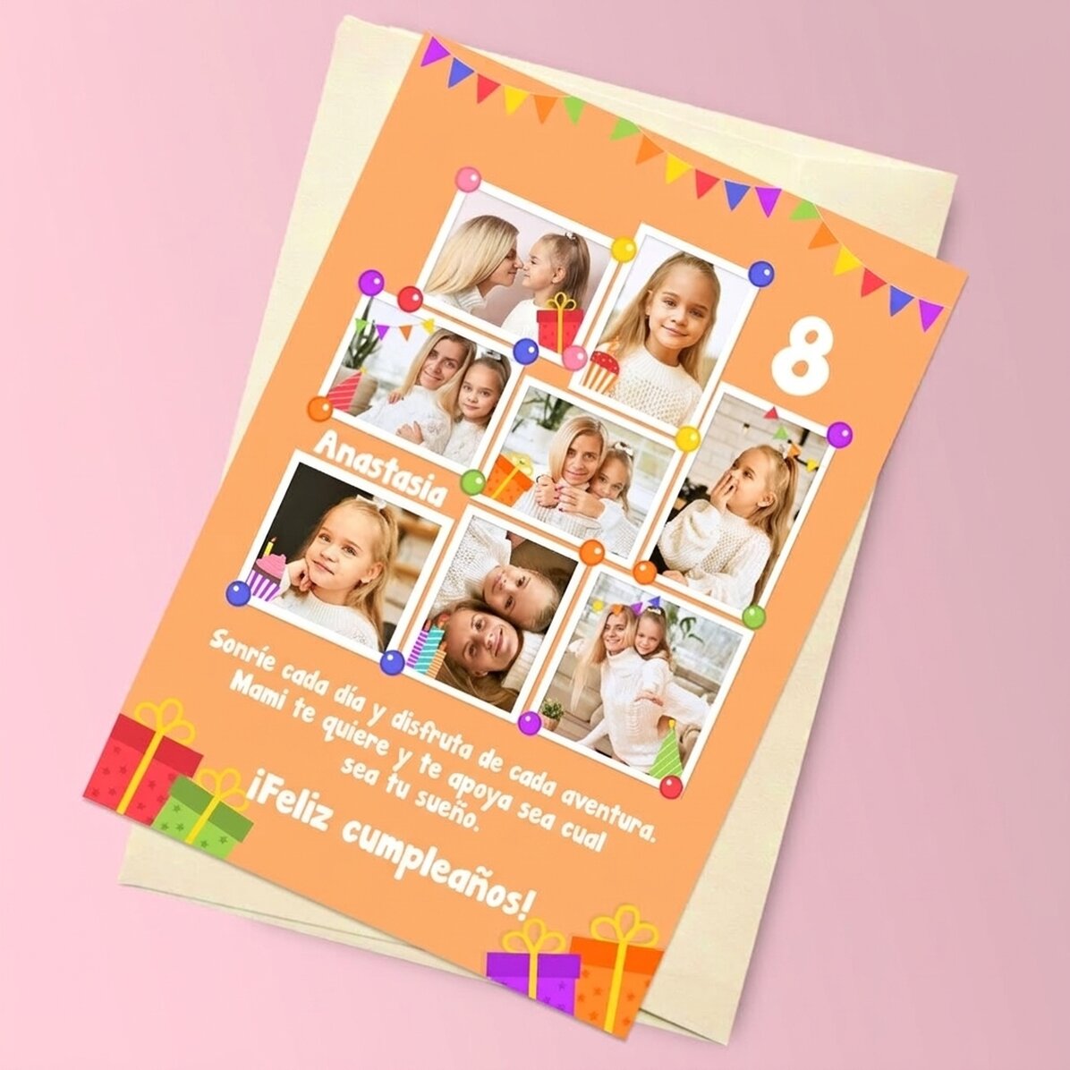 Tarjeta magnética personalizada con 8 fotos y un mensaje para niños - Cumpleaños