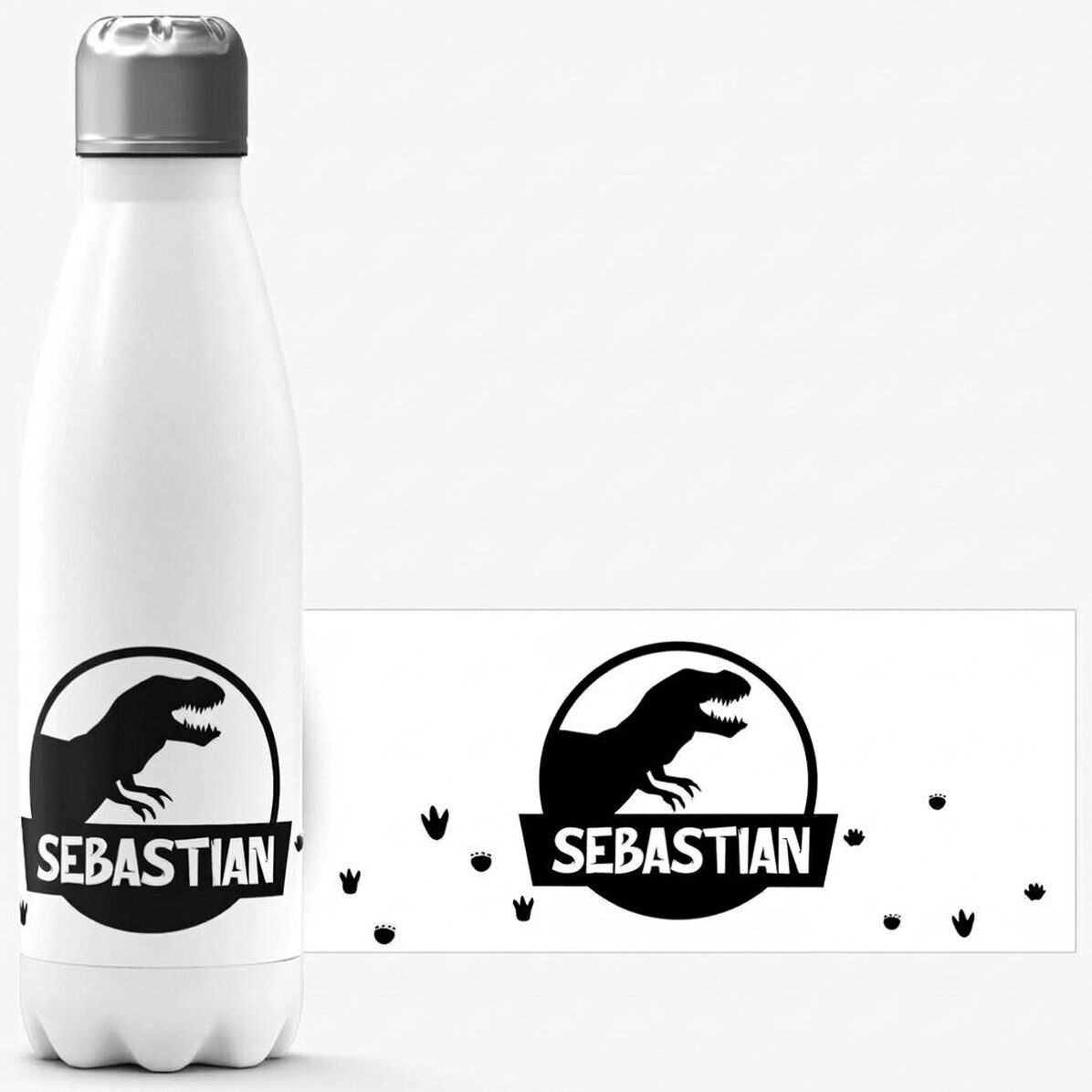 Termo con base blanca personalizado con nombre - Dinosaurio T-Rex negro