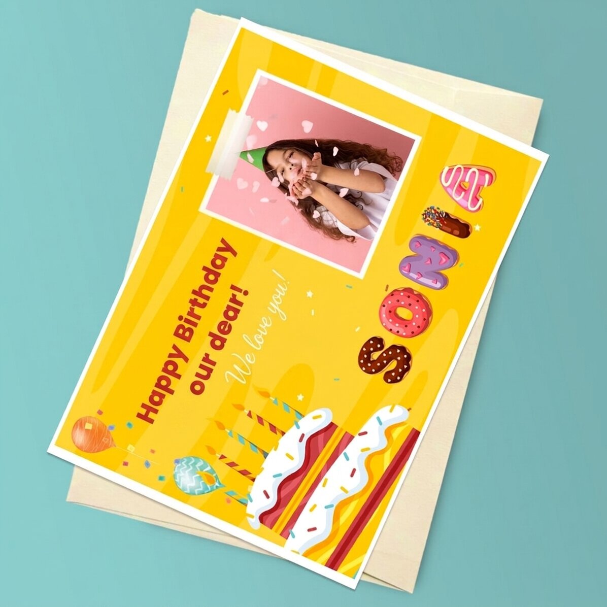 Tarjeta de felicitación magnética personalizada con una foto, un texto y un nombre especial - Cumple