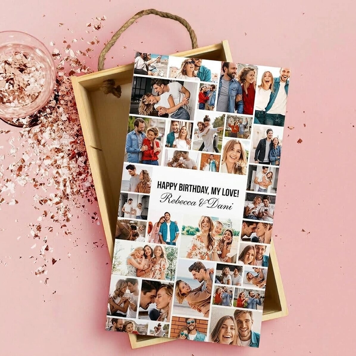 Caja de regalo de madera personalizada con 35 fotos y texto