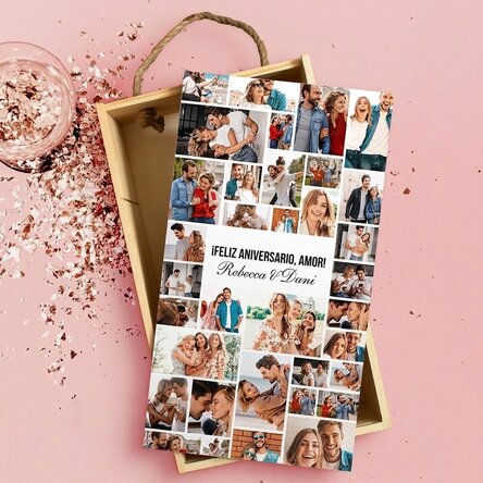 Caja de regalo de madera personalizada con 35 fotos y texto