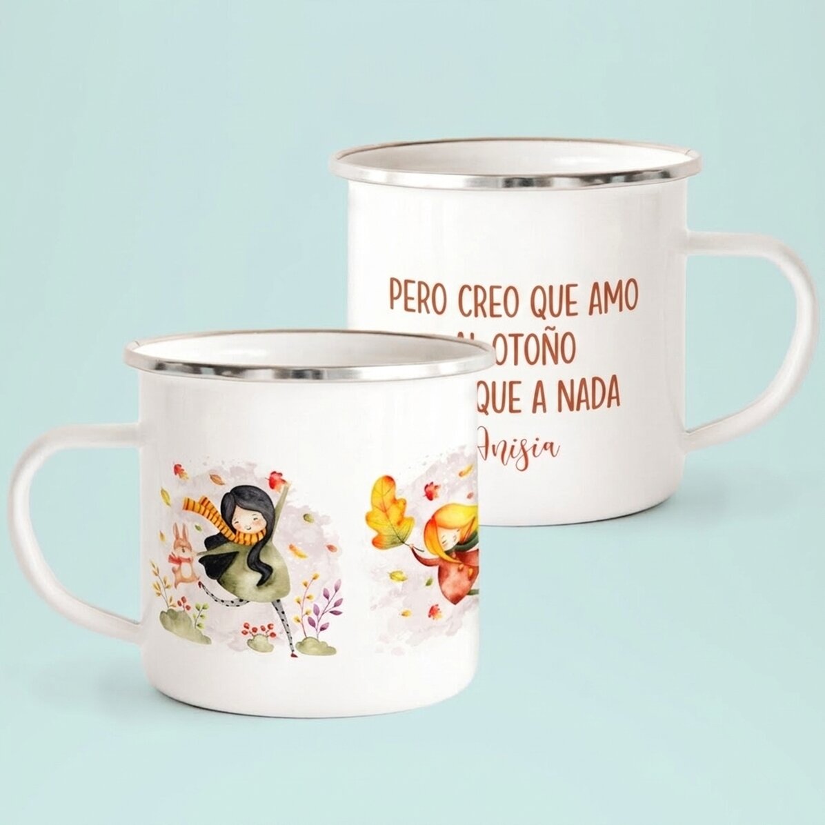 Taza metálica esmaltada con mensaje: «I love fall most of all»