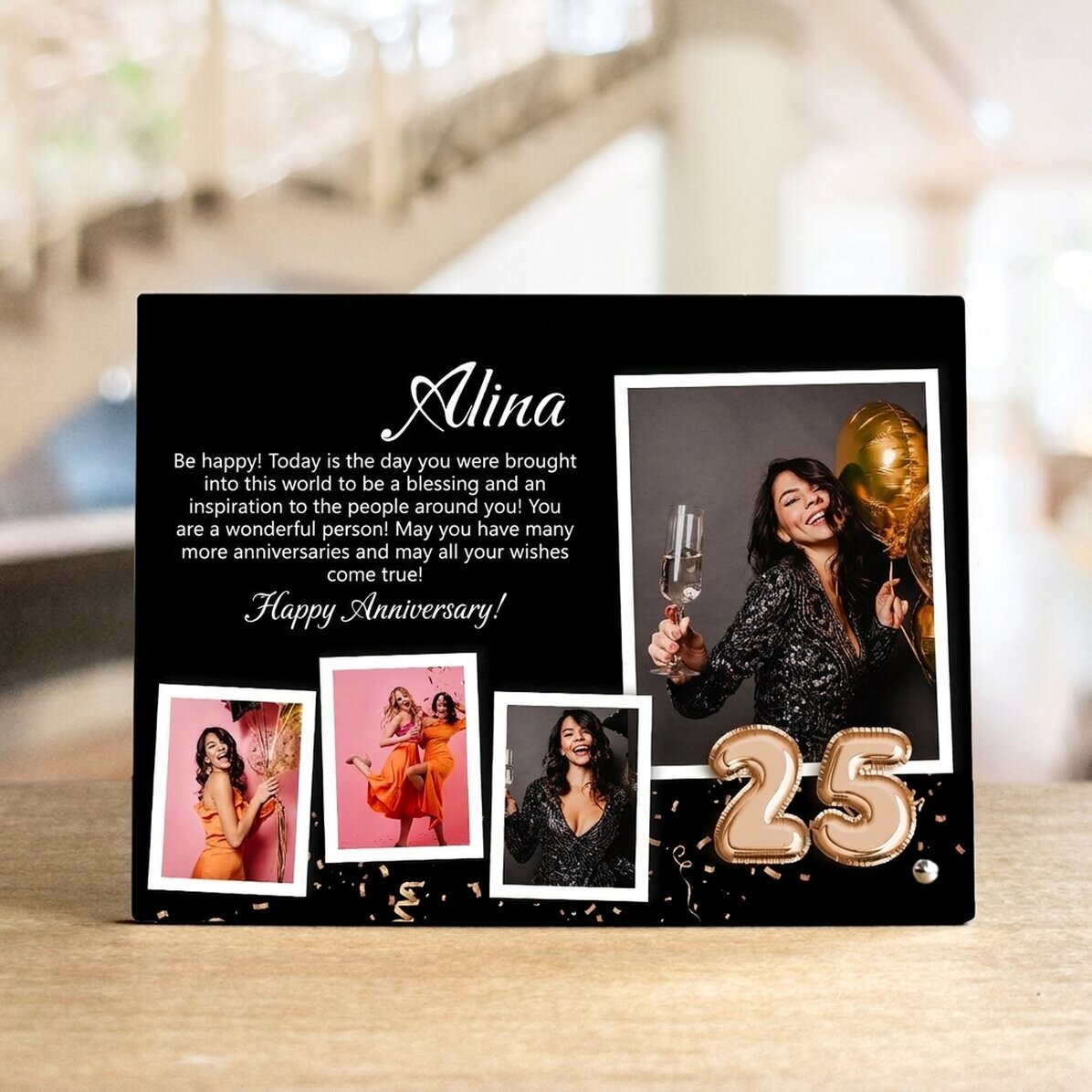 Marco de fotos de escritorio personalizado con 4 fotos, nombre y mensaje: ¡Feliz cumpleaños!