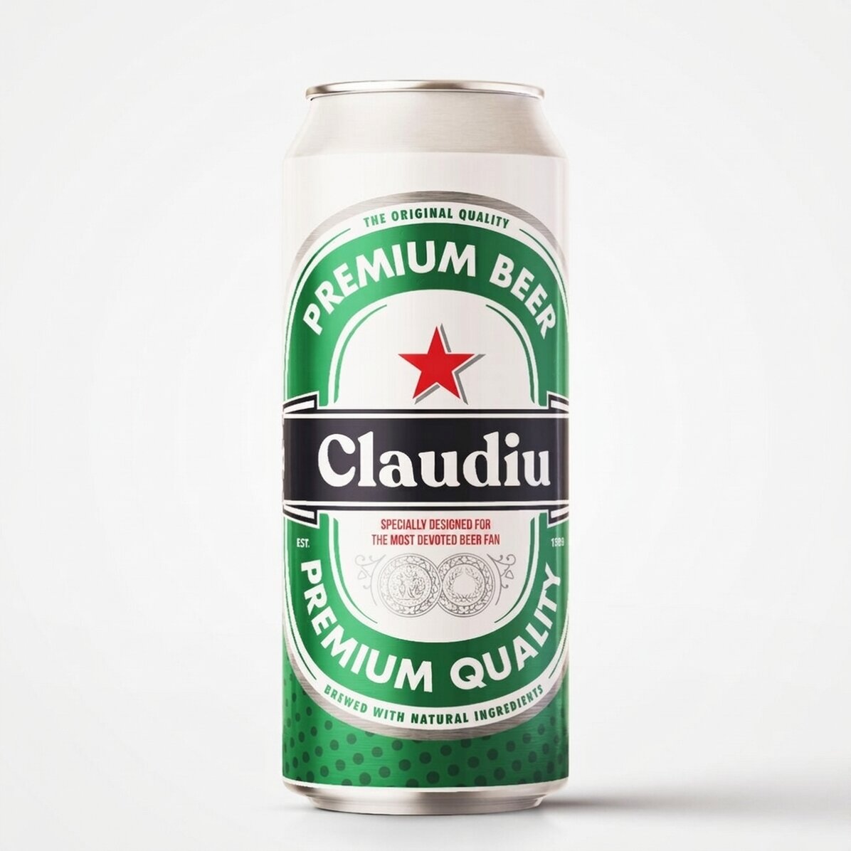 Cerveza en lata personalizada con texto: «El fan más fiel de la cerveza»
