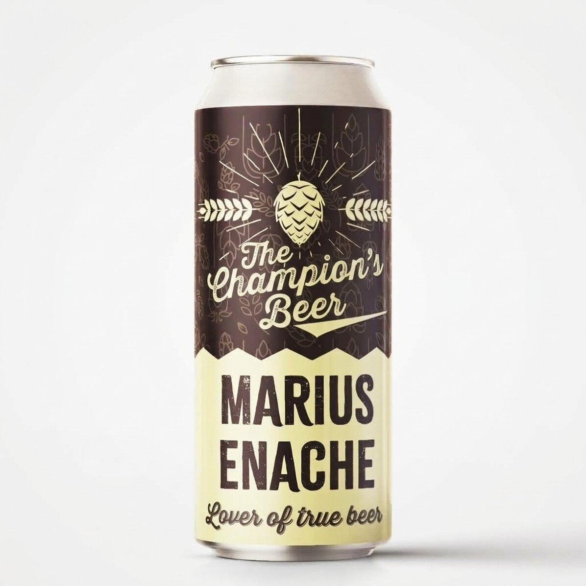 Cerveza en lata personalizada con texto: «La cerveza del campeón»