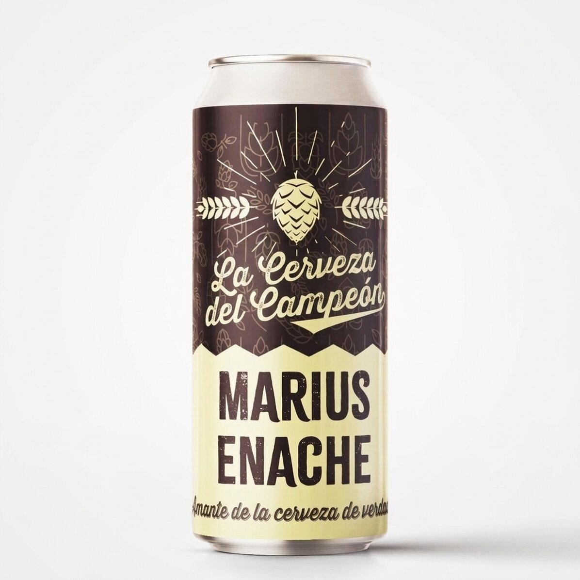 Cerveza en lata personalizada con texto: «La cerveza del campeón»